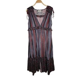 Natural Life Striped Floral Ruffle V Neck Maxi Coverup Sz‎ S/M Tie Front Boho